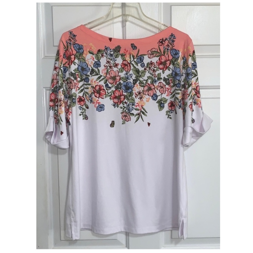 🦜 KAREN SCOTT Garden-Fresh Floral Print Boat-Neck Elbow-Sleeve Top NWT 1X